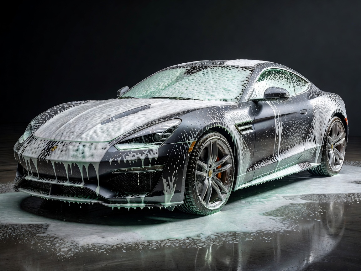 A luxurious dark gray sports car completely blanketed in thick white active snow foam to safely encapsulate traffic film