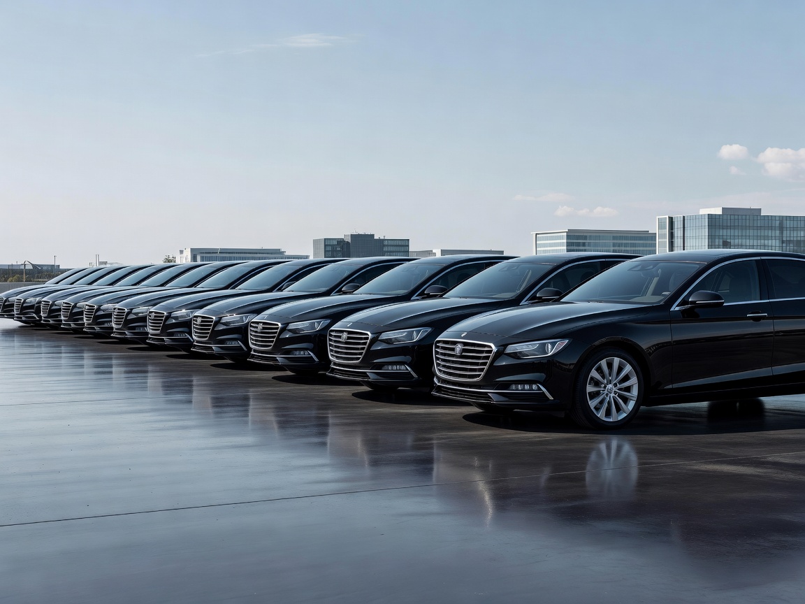 A perfectly cleaned and polished lineup of matching black executive fleet vehicles showing clean, glass-like reflection standards