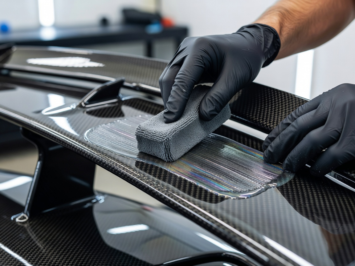 A technician in protective gloves applying liquid silica glass ceramic coating onto a high-performance car wing using a suede applicator block