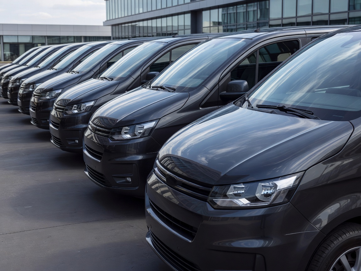 A row of clean, matching corporate commercial vans parked and polished with mirror-like paint reflections