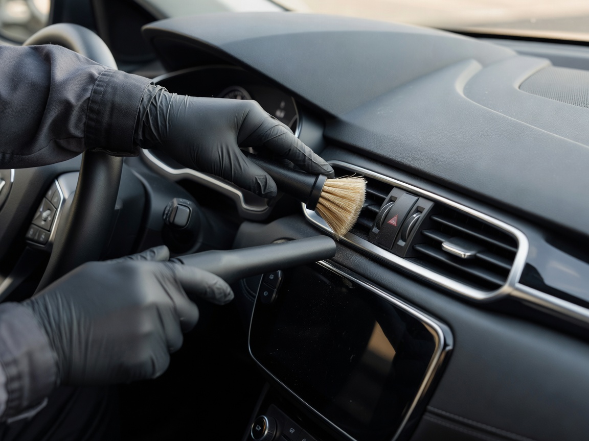 A detailer using a soft bristle brush and dry vacuum attachment to safely dust dashboard instrument clusters and air vents