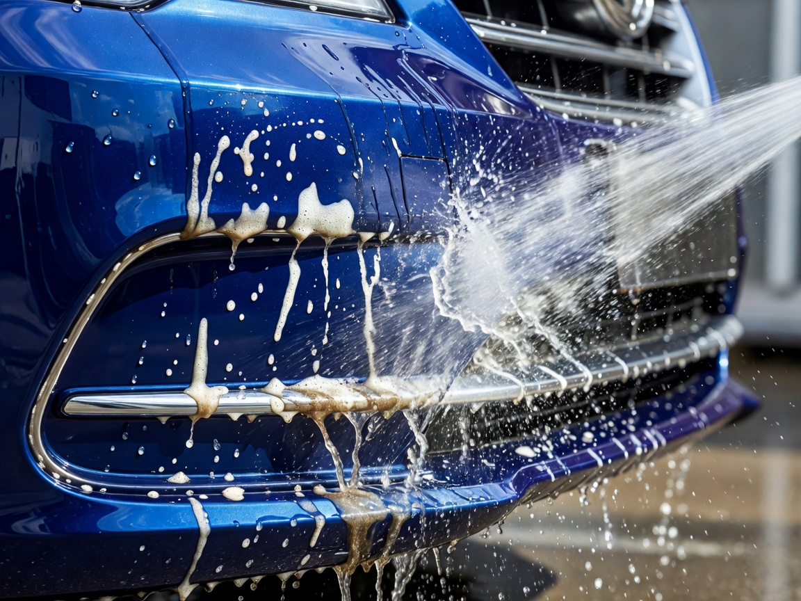 A detailed close-up of a high-pressure rinse removing traffic film and foam residue from a shiny blue car bumper