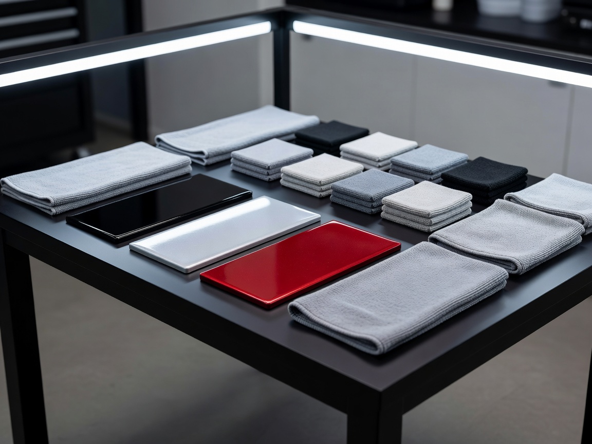 A neat, organized detailing studio consultation table equipped with test paint panels and microfiber test accessories