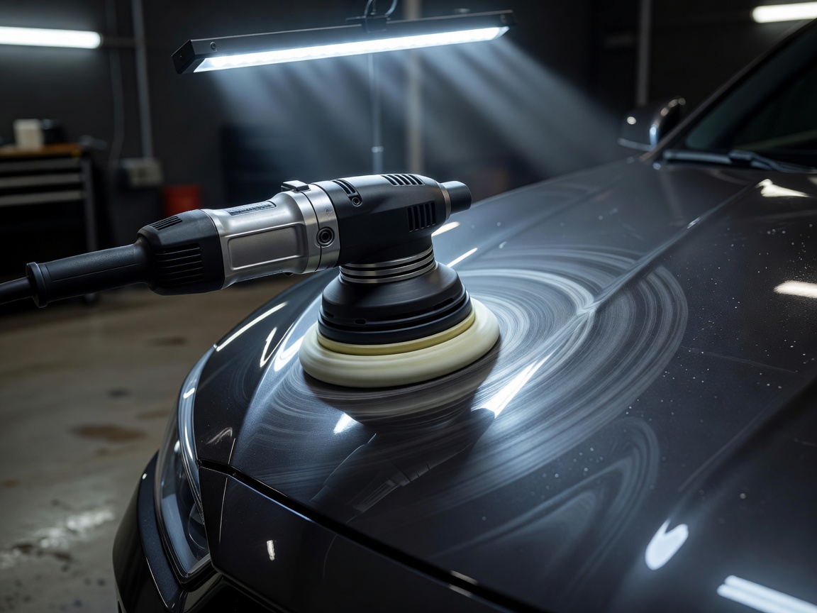 An orbital dual-action machine polisher refining swirled paintwork on a car's wing under directional LED inspection lighting