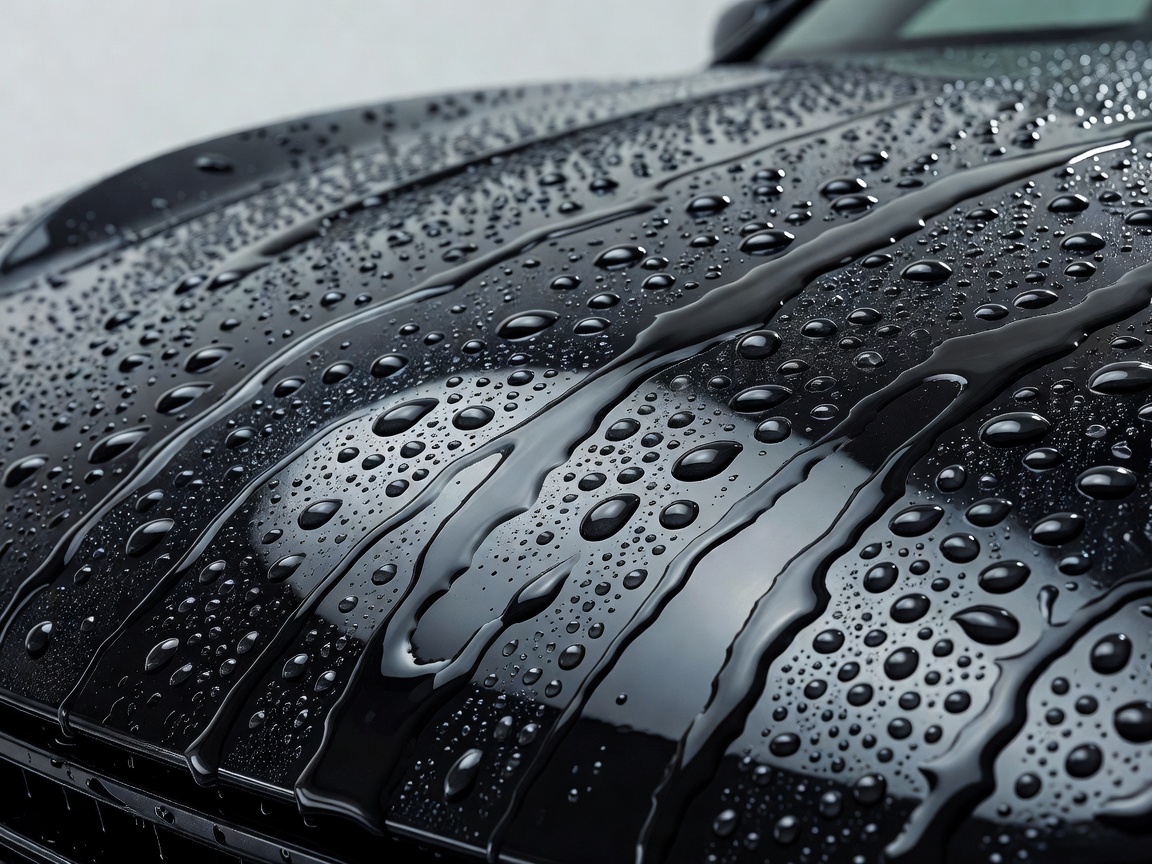 Perfect spherical water droplets bead and run off a high-gloss treated bonnet demonstrating extreme hydrophobic ceramic paint protection