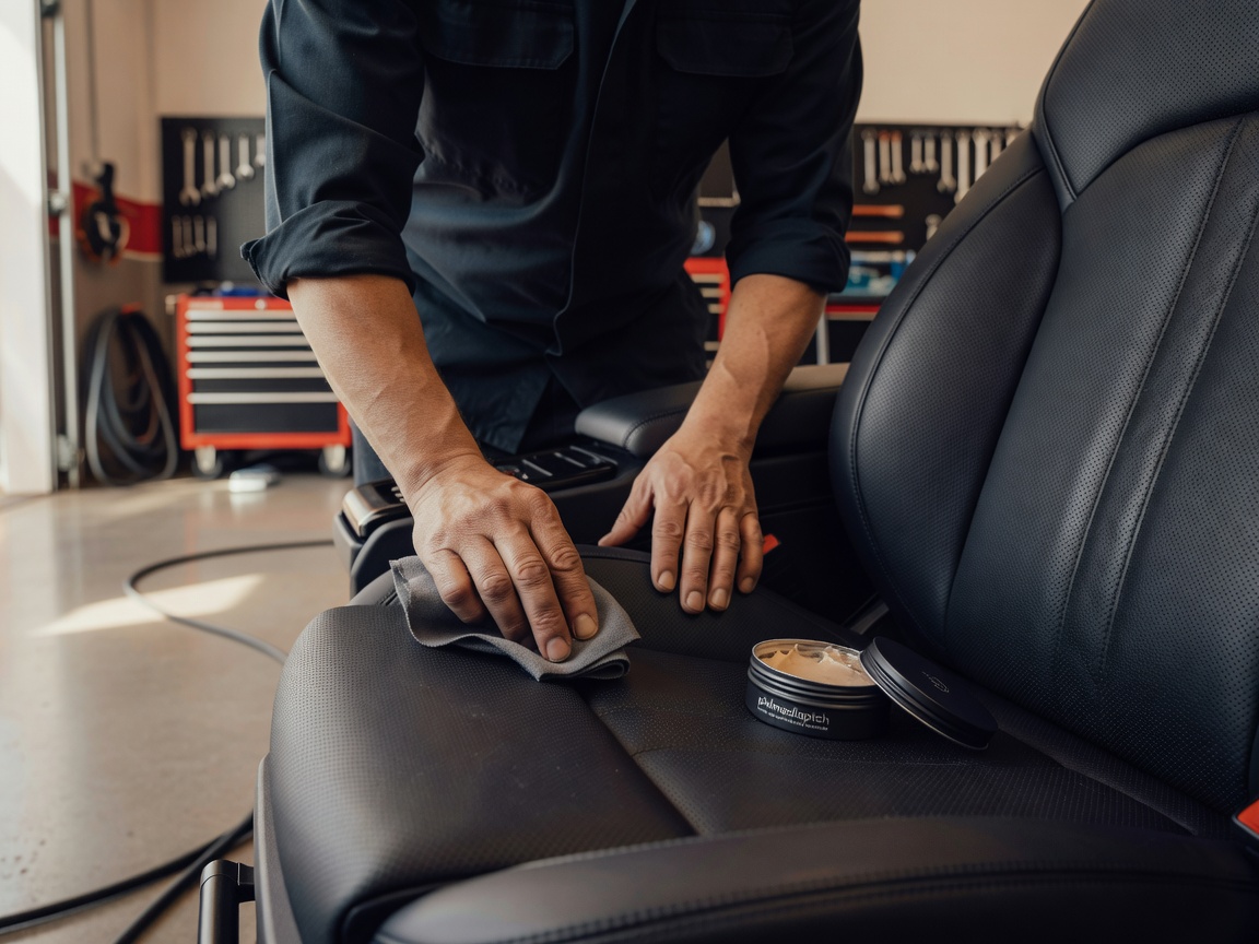 A technician gently conditioning a premium perforated leather driver's seat with a specialized matte-finish balm