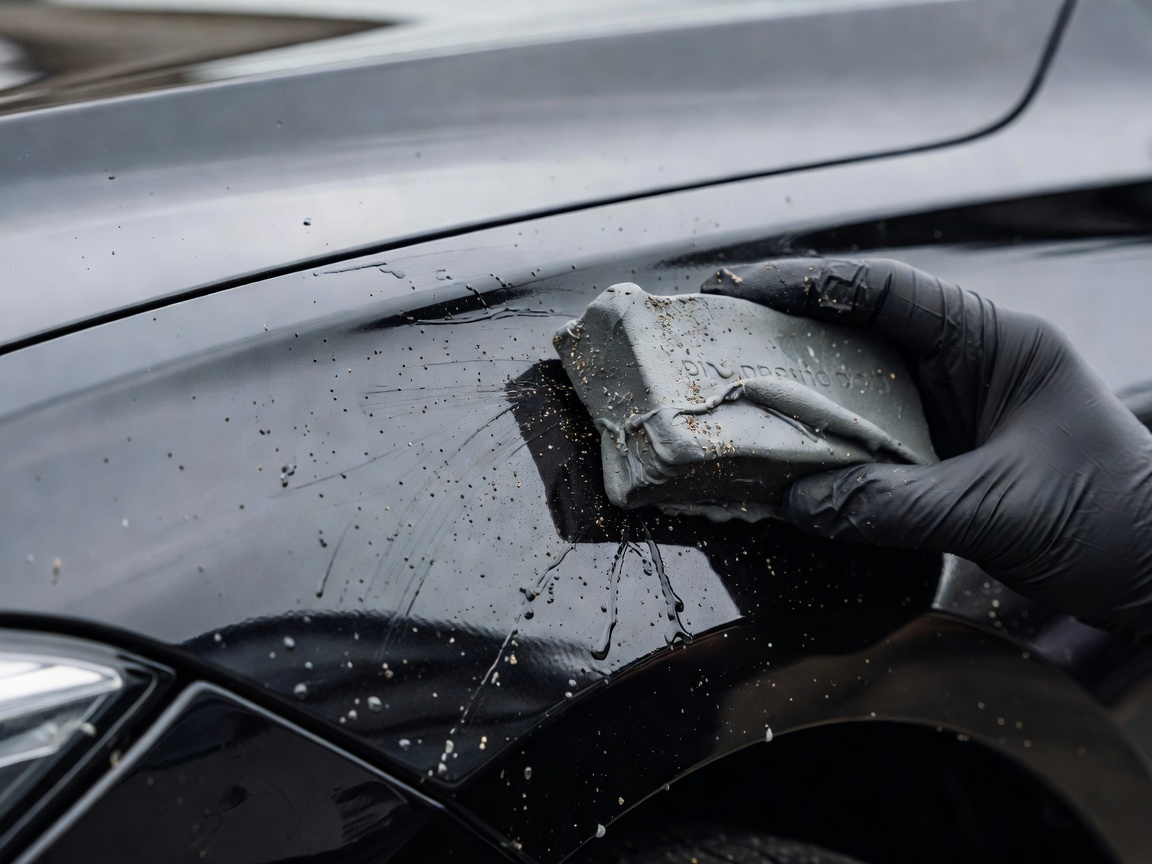 Lifting microscopic iron particles and environmental fallout from a vehicle's front fender using a lubricated synthetic detailing clay block
