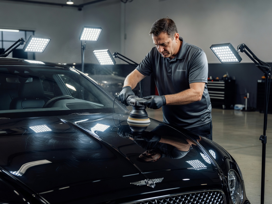 A professional detailer correcting the clearcoat of a dark luxury saloon car using a dual-action orbital machine polisher under calibrated workspace lighting