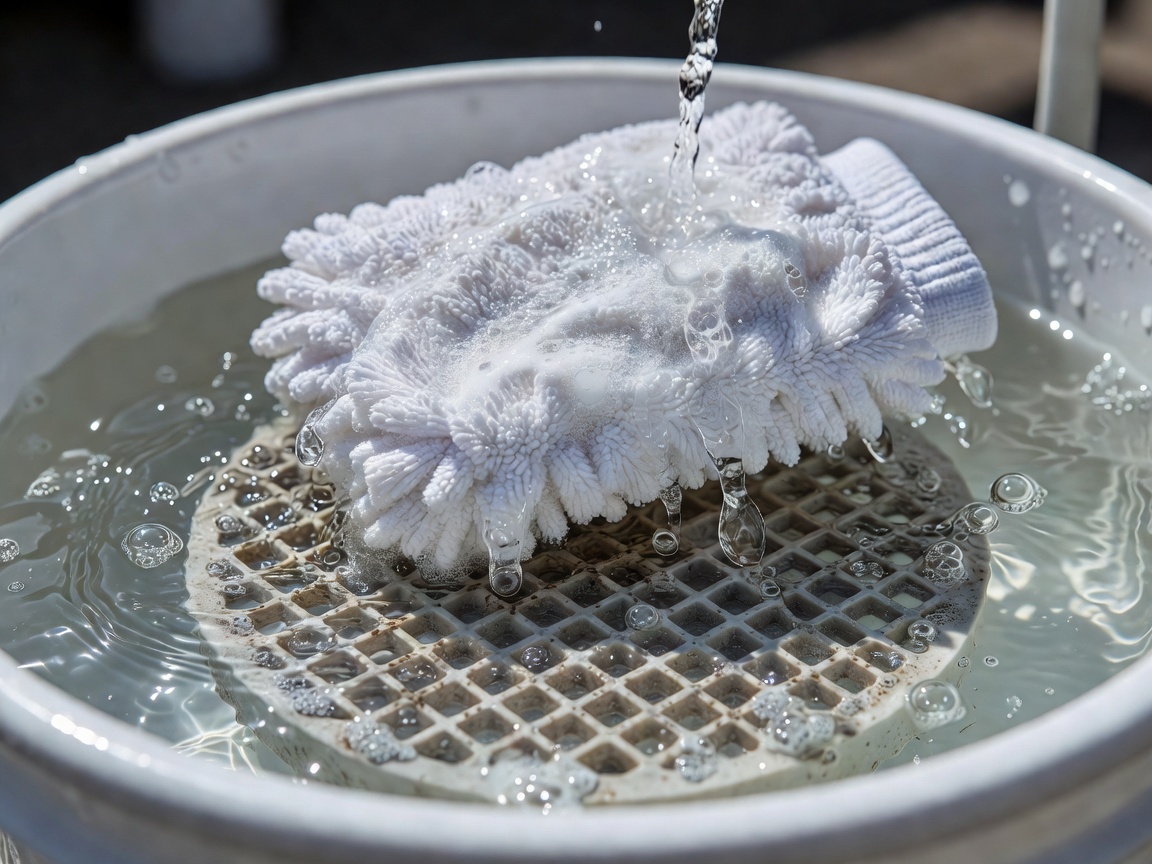 Close-up of a high-quality microfiber wash mitt being rinsed in a dedicated wash bucket with a physical grit guard filter to prevent swirls
