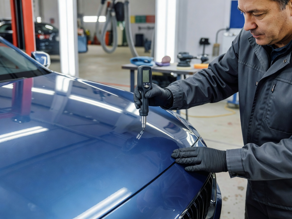 A technician measuring paint layer thickness using a calibrated digital paint depth gauge tool on a steel car bonnet before compounding