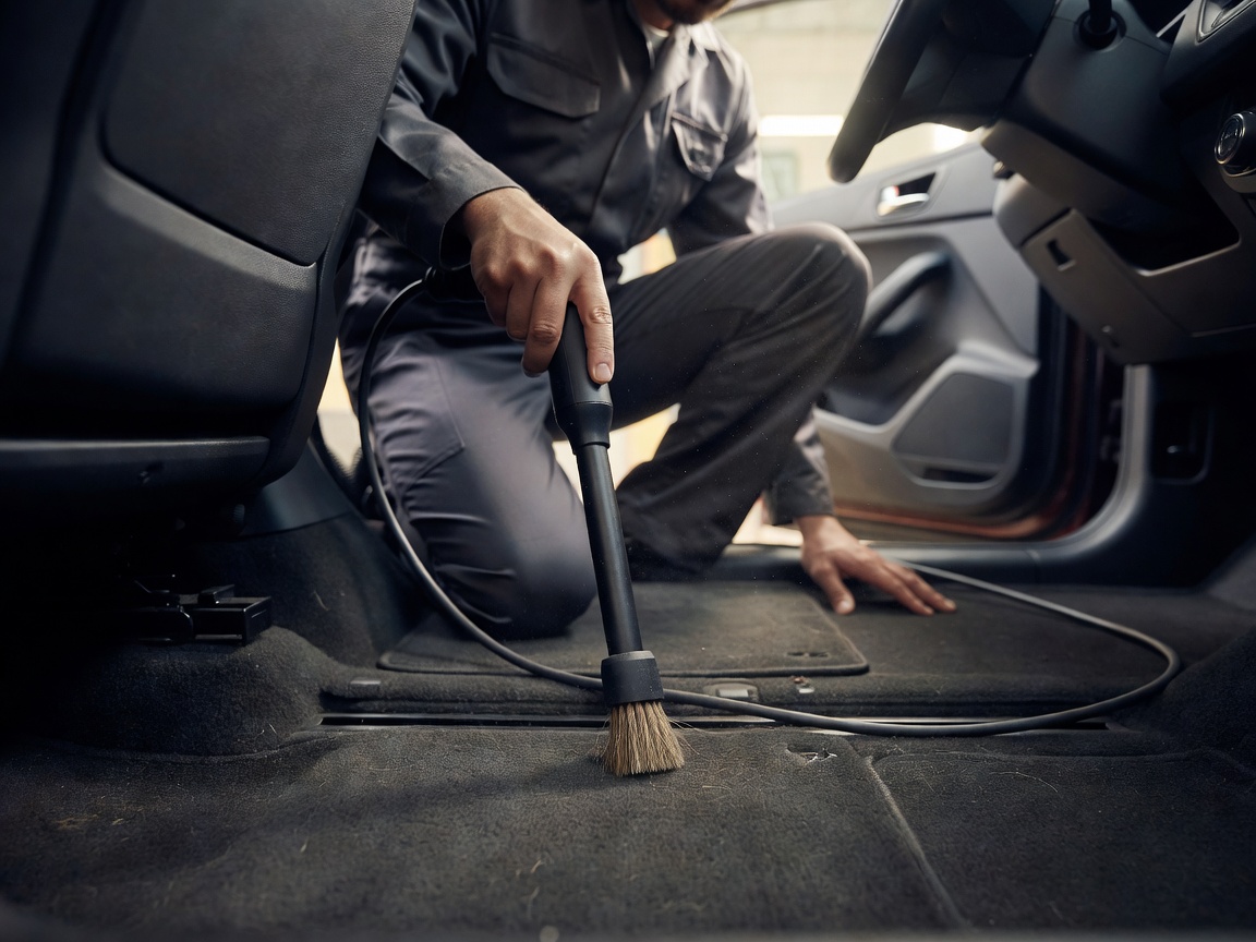 A technician using a high-filtration vacuum crevice tool with horsehair brush attachment to clean fine dust from synthetic car floor carpets