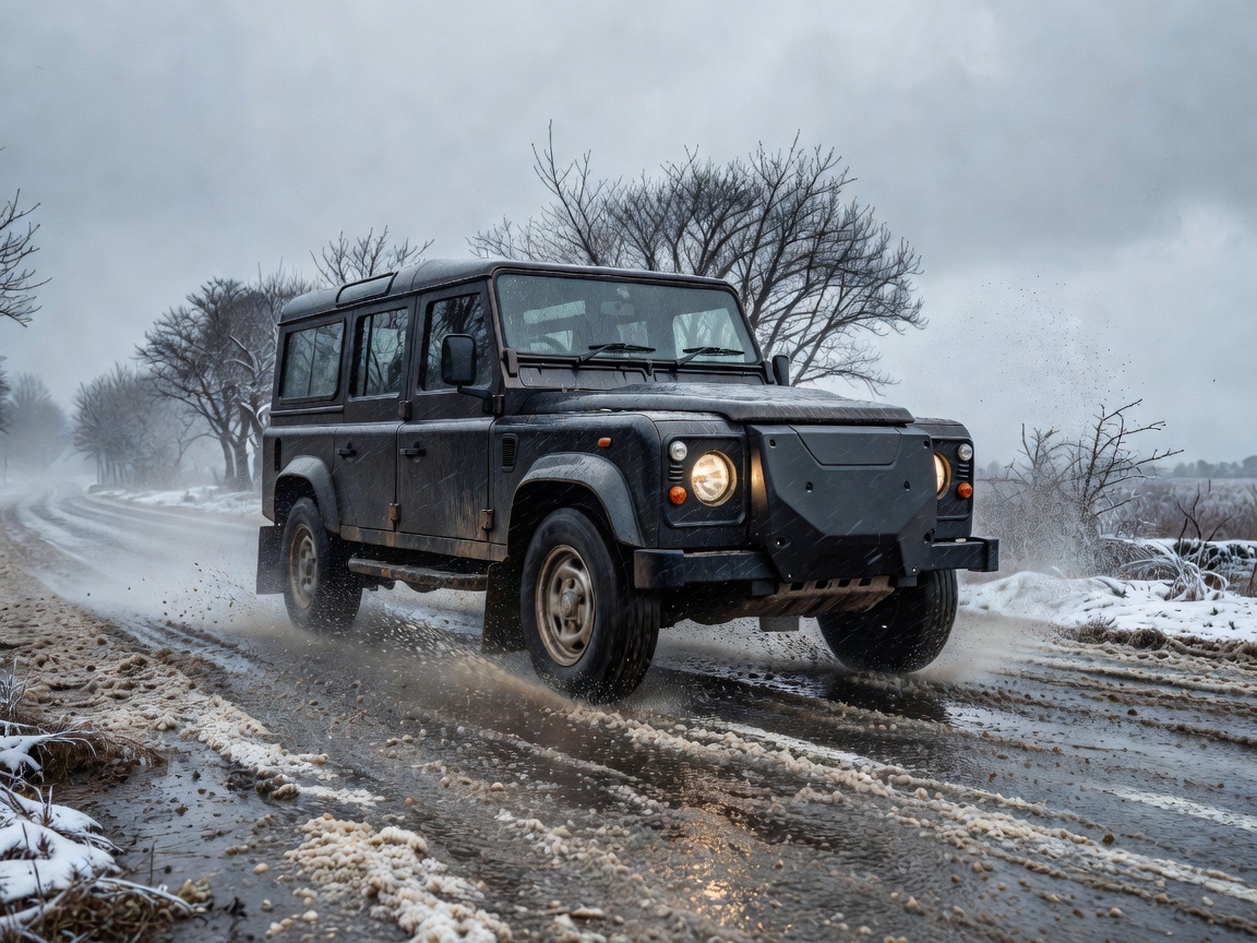 A vehicle driving through harsh, wet and salt-sprayed road environments during UK winter driving conditions